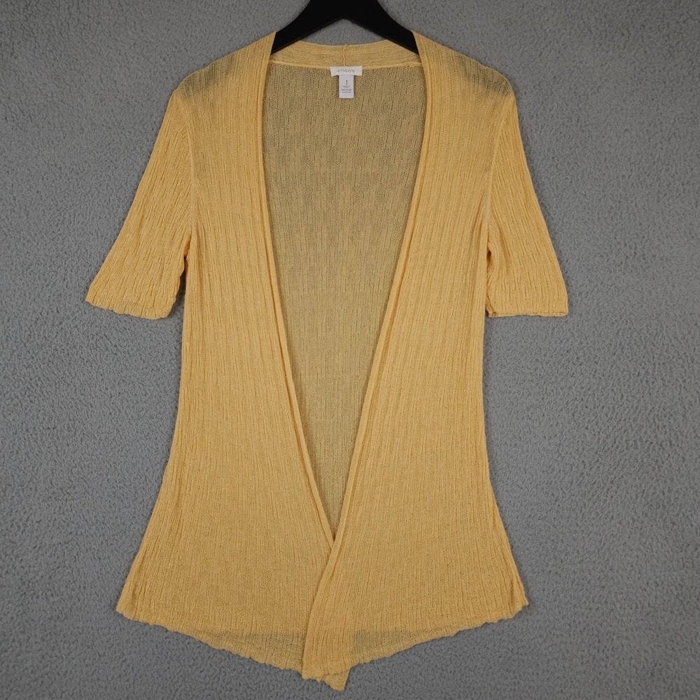 Chicos Sweater Womens‎ 1 US Medium Yellow Lightweight Nylon Blend Open Cardigan